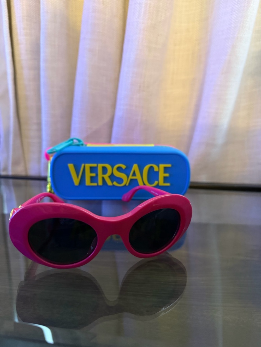 Versace Bright Pink Oval Sunglasses with Blue Logo Case